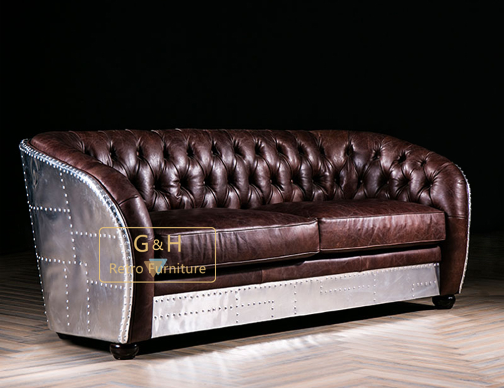 Retro Leather and Aluminum Sofa