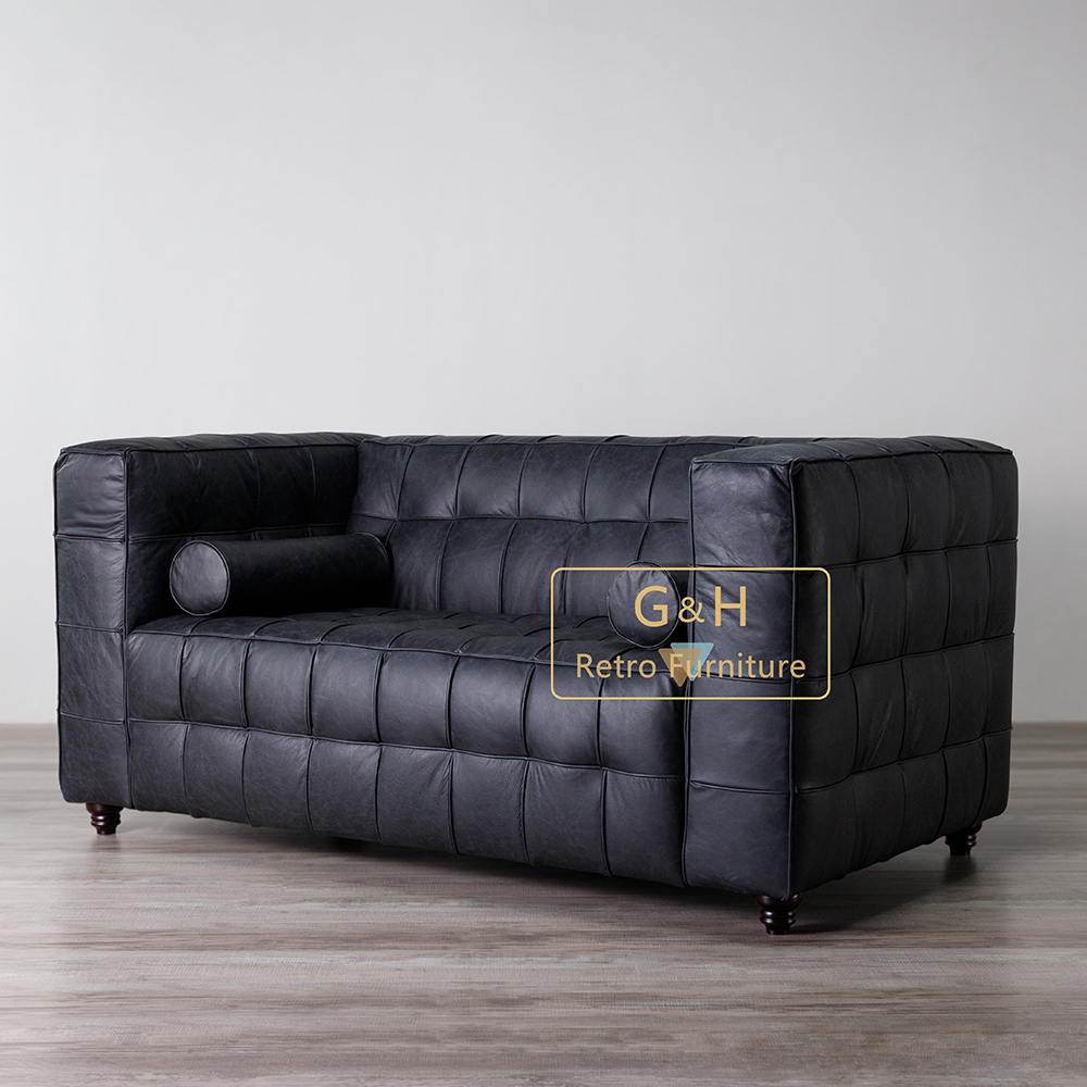 Retro Black Leather Sofa