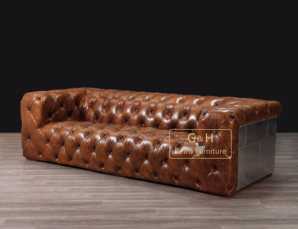 Vintage Leather and Aluminum Sofa