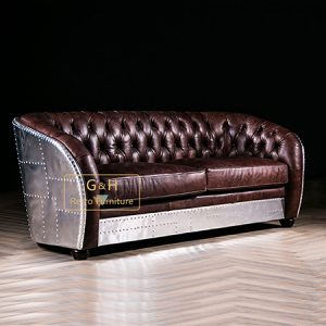 Retro Leather and Aluminum Sofa