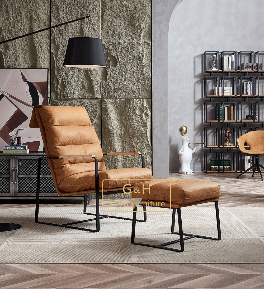 Retro Leather Chair with Ottoman