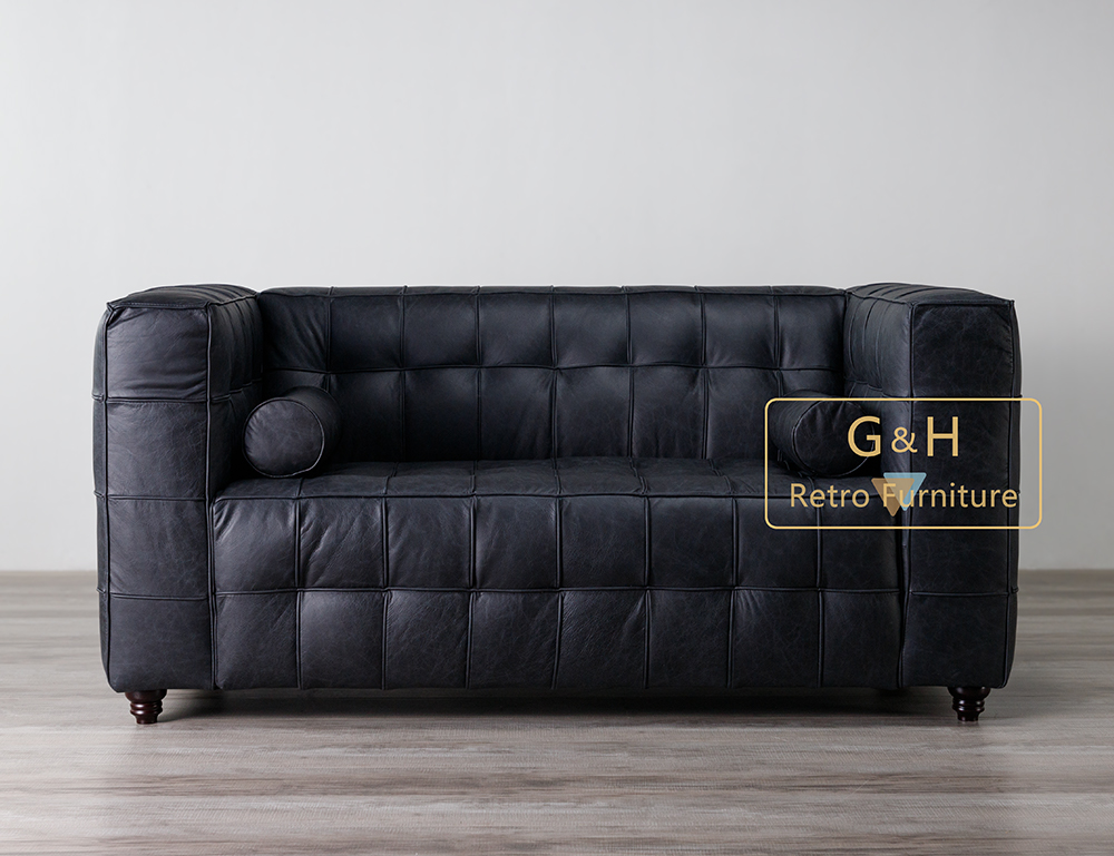 Retro Black Leather Sofa